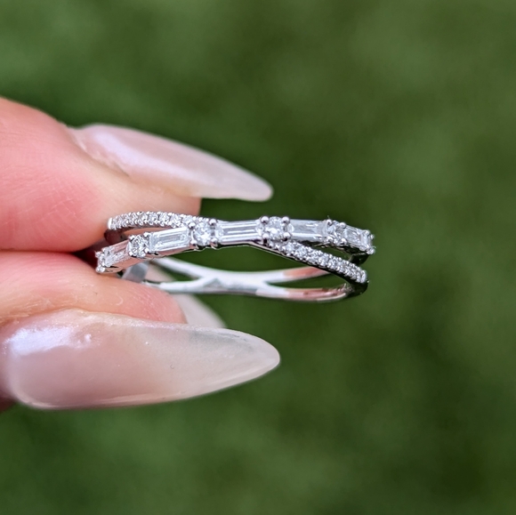 18K White Gold Baguette and Round Diamond Cross X Ring Band - Picture 2 of 9